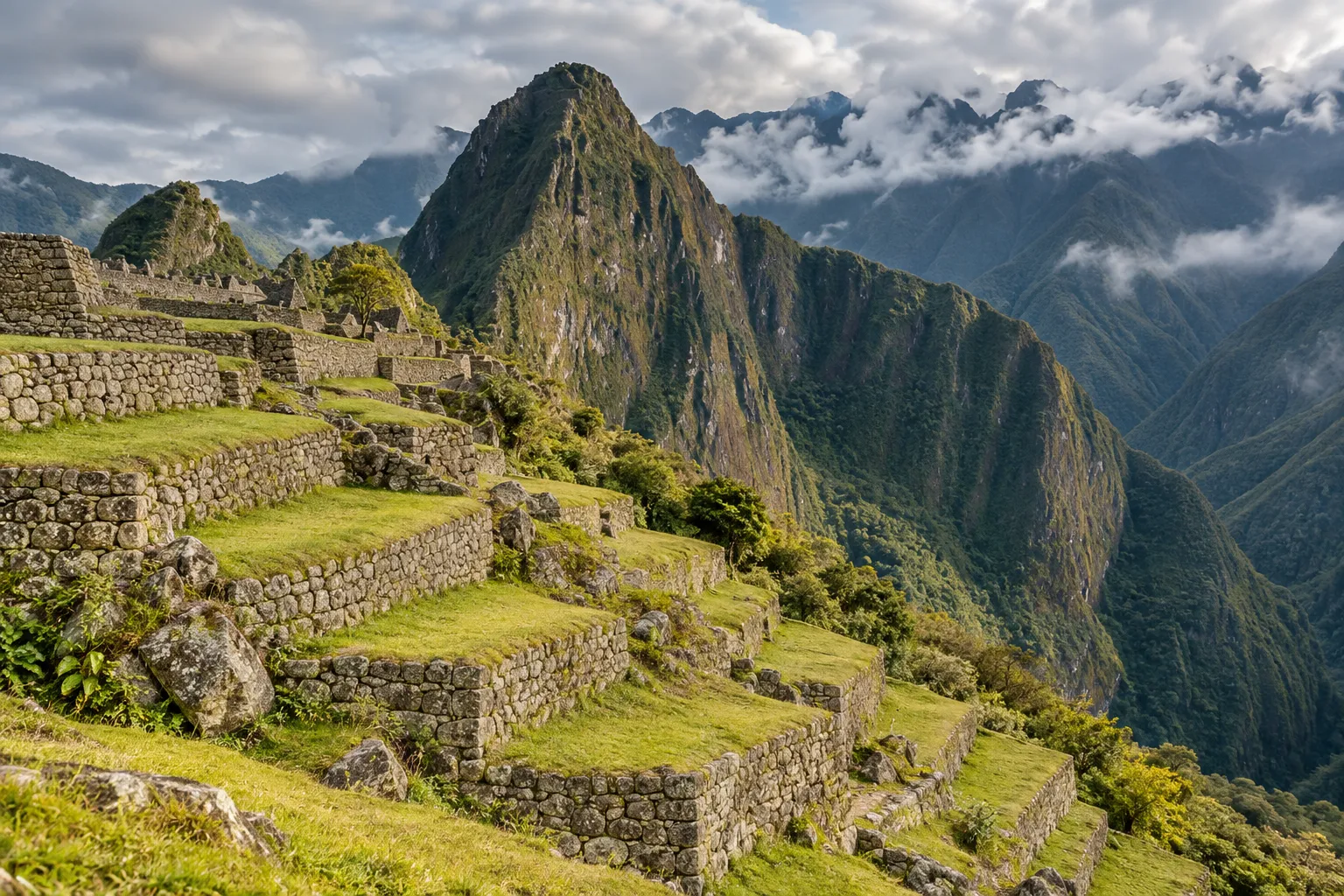 Imagen editorial ilustrativa de los andenes y el paisaje de Machu Picchu