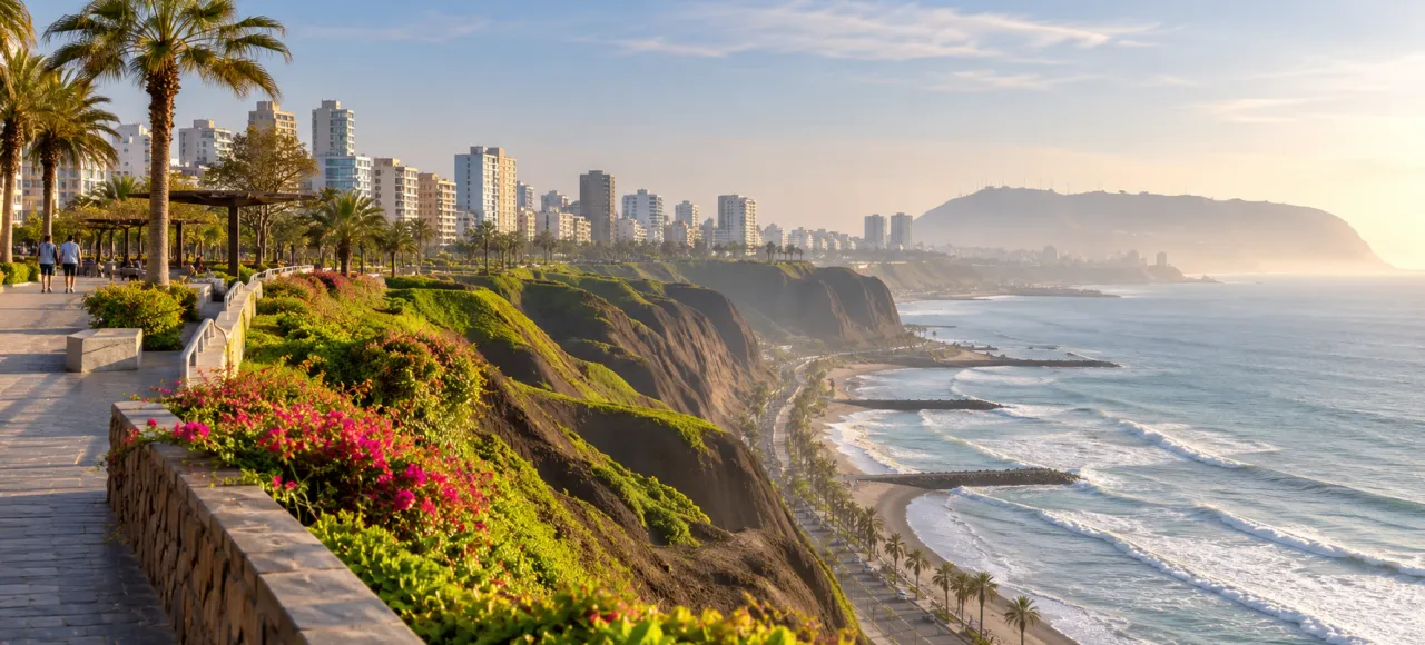 Imagen editorial ilustrativa de la costa de Lima al inicio de un viaje por Perú