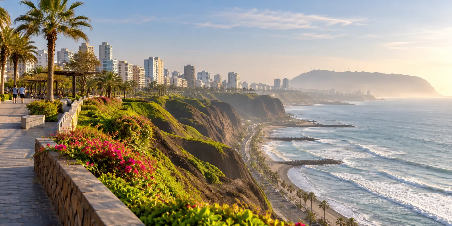 Imagen editorial ilustrativa de la costa de Lima al inicio de un viaje por Perú