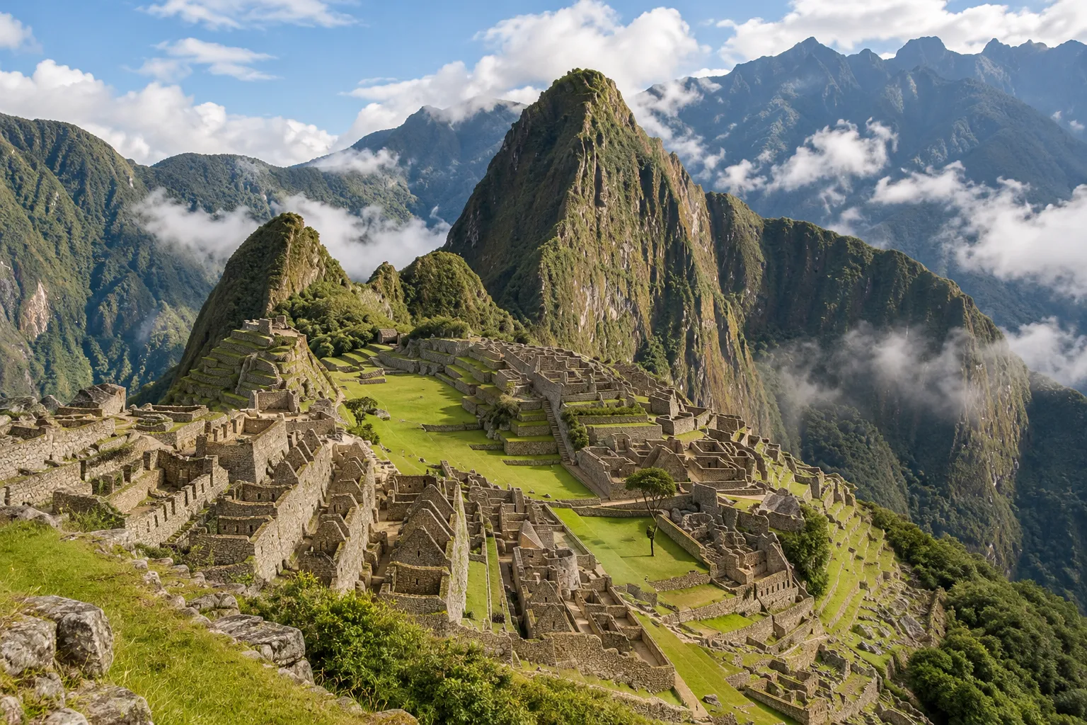 Imagen editorial ilustrativa del paisaje de Machu Picchu