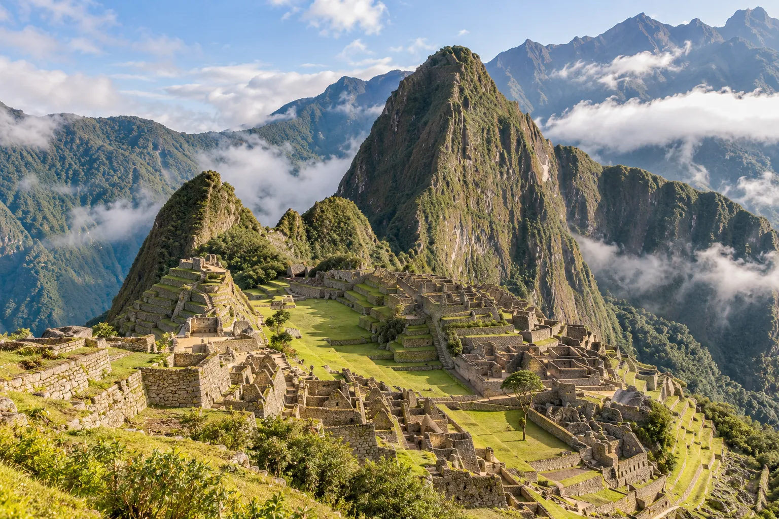 Vista editorial ilustrativa de Machu Picchu en su paisaje andino