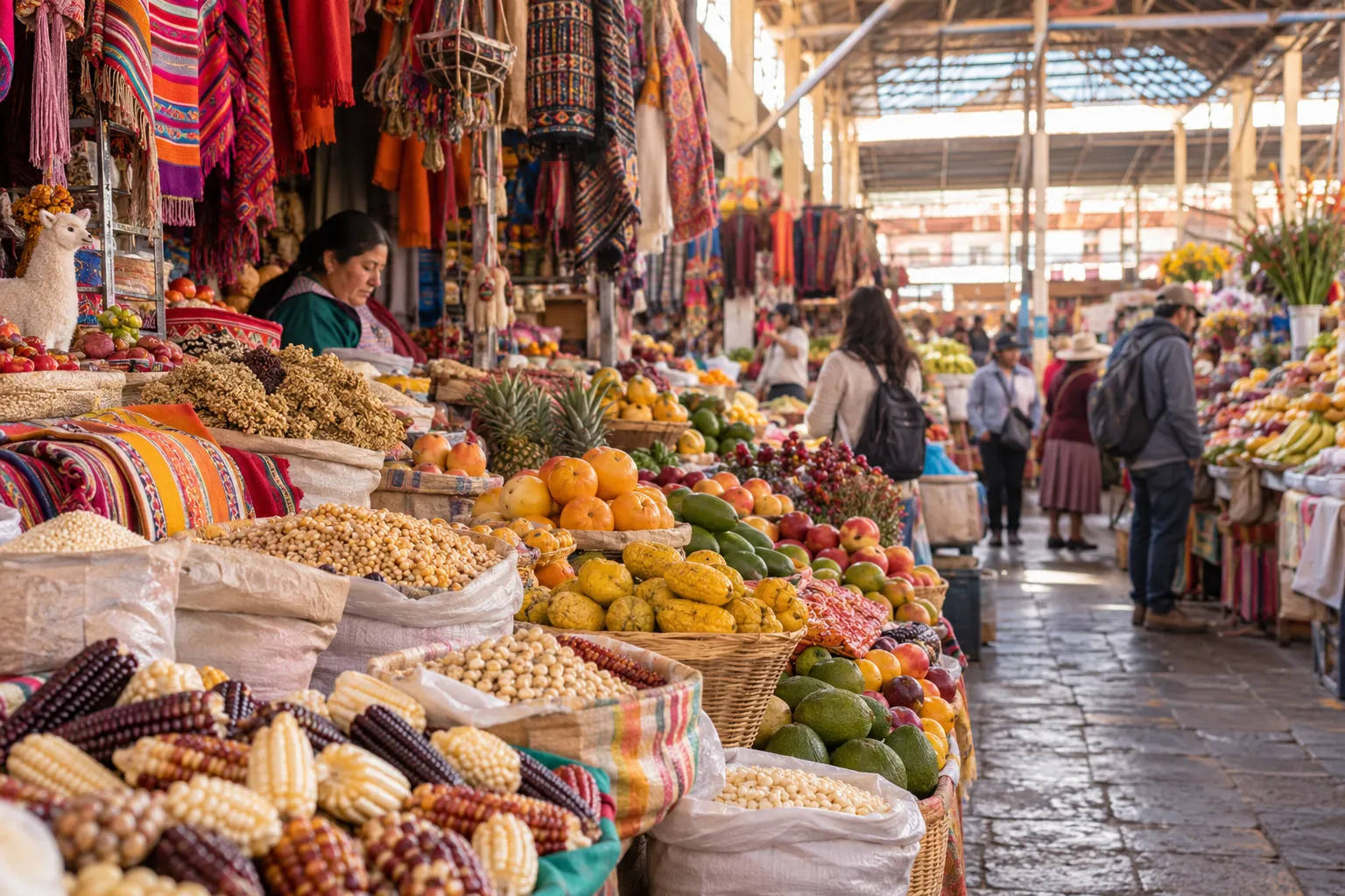 Imagen editorial ilustrativa de un mercado tradicional cusqueño