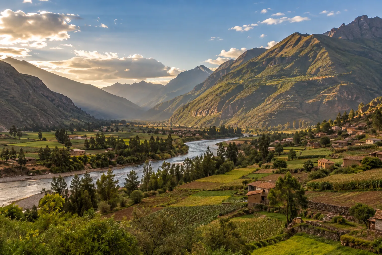 Imagen editorial ilustrativa de un paisaje tranquilo del Valle Sagrado
