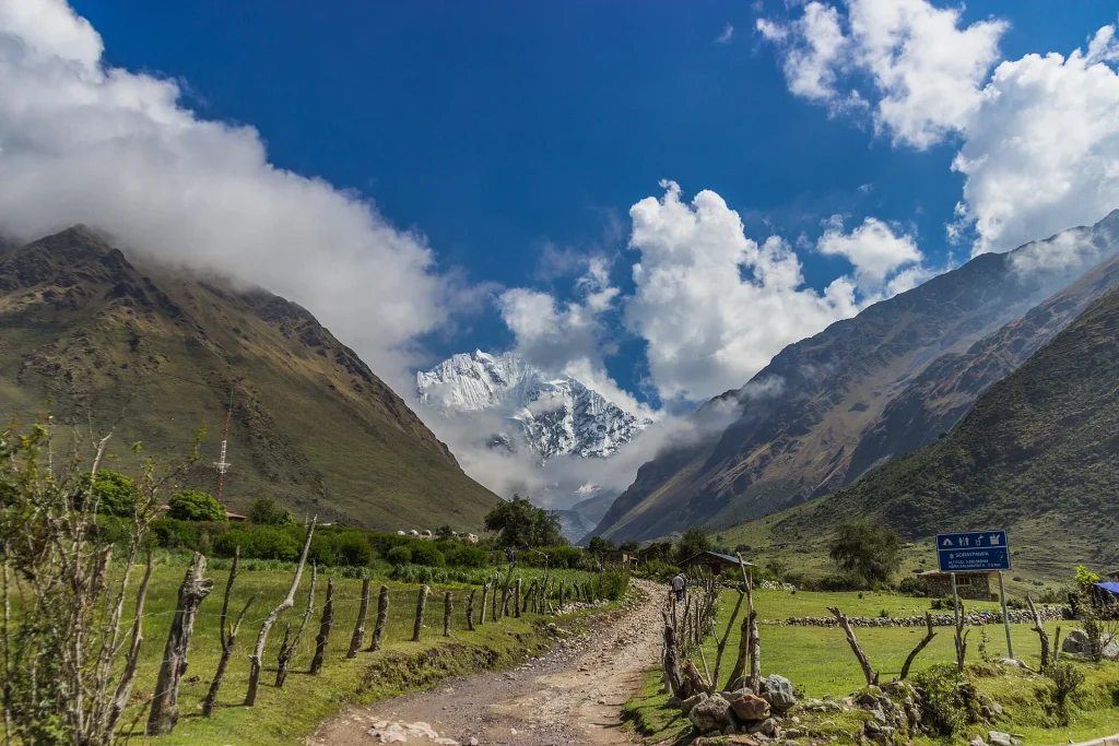 Sendero entre pastos con el nevado Salkantay al fondo